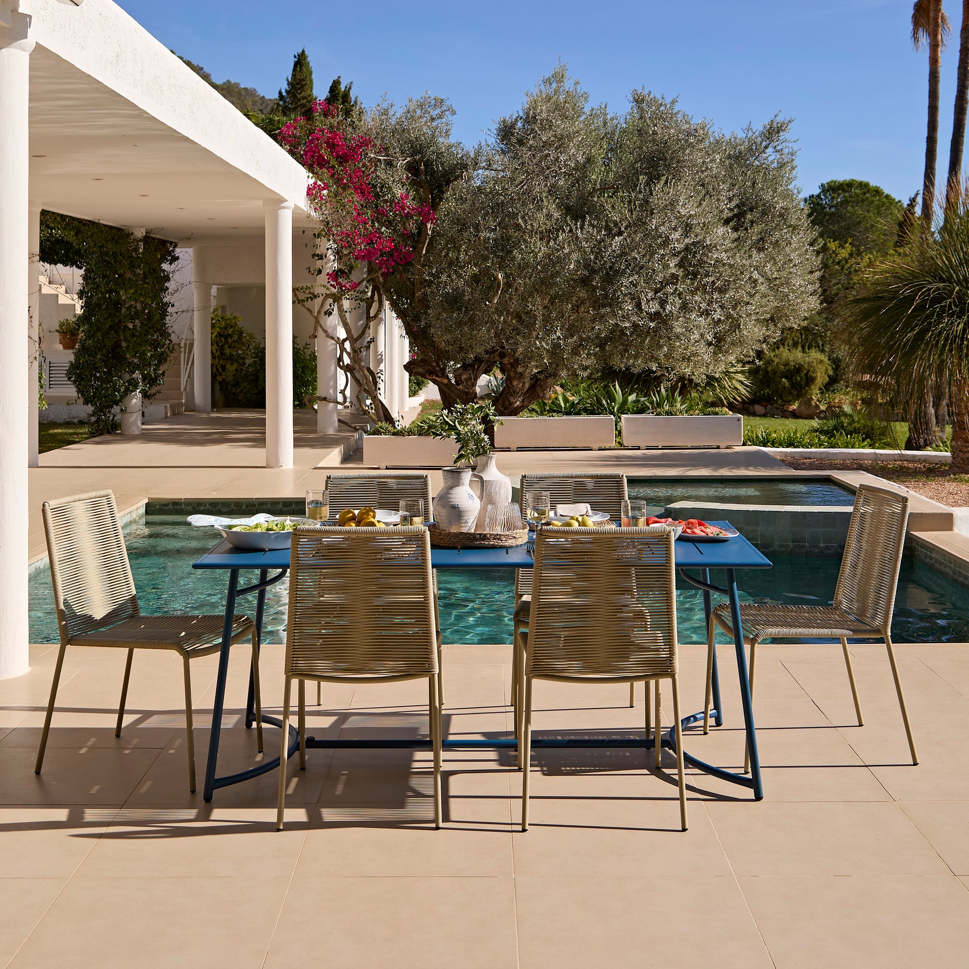 Wilder 6 Seater Blue Garden Dining Set with Ryder Clay Chairs - Laura James