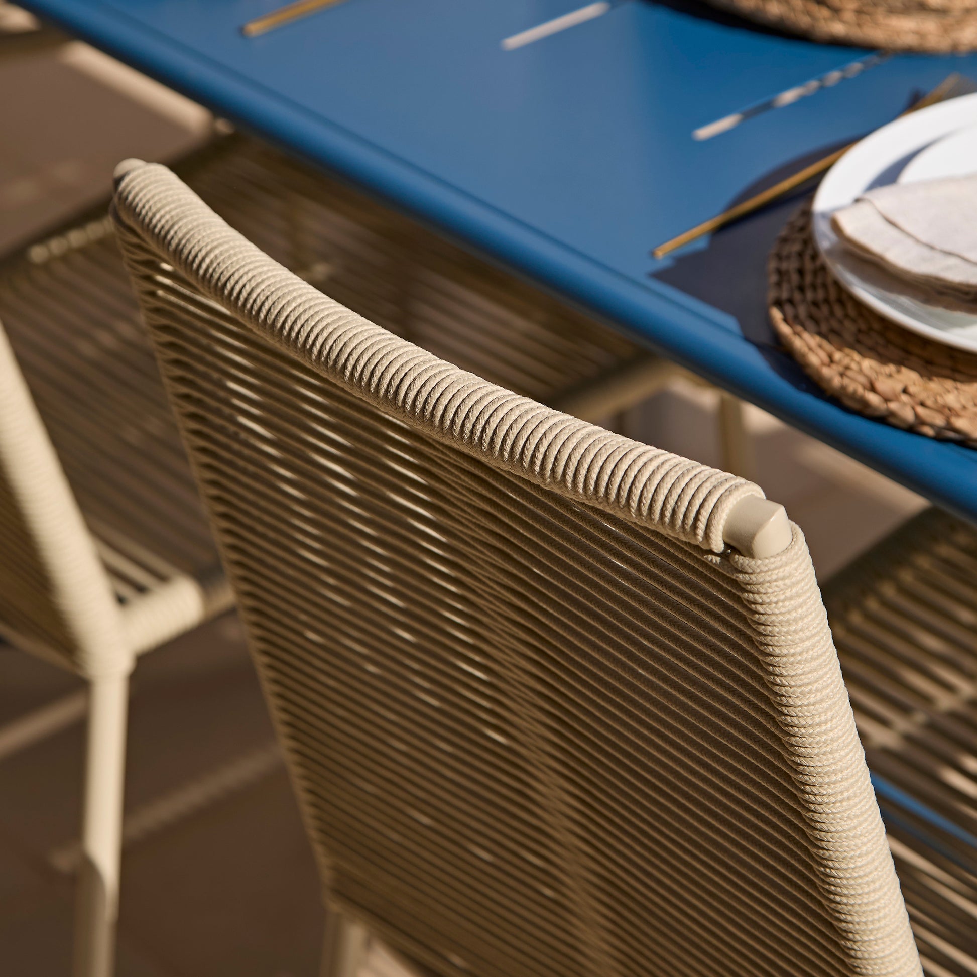 Wilder 6 Seater Blue Garden Dining Set with Ryder Clay Chairs - Laura James