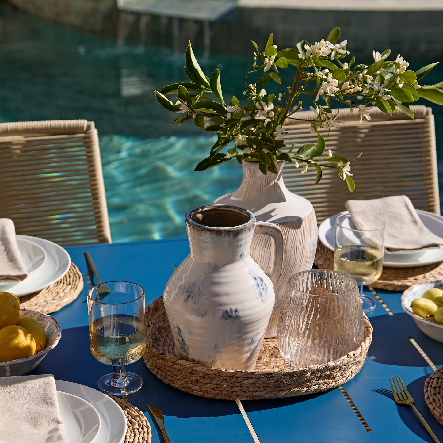Wilder 6 Seater Blue Garden Dining Set with Ryder Clay Chairs - Laura James