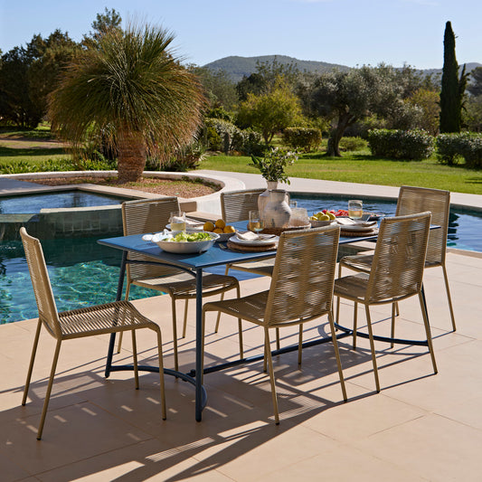 Wilder 6 Seater Blue Garden Dining Set with Ryder Clay Chairs - Laura James