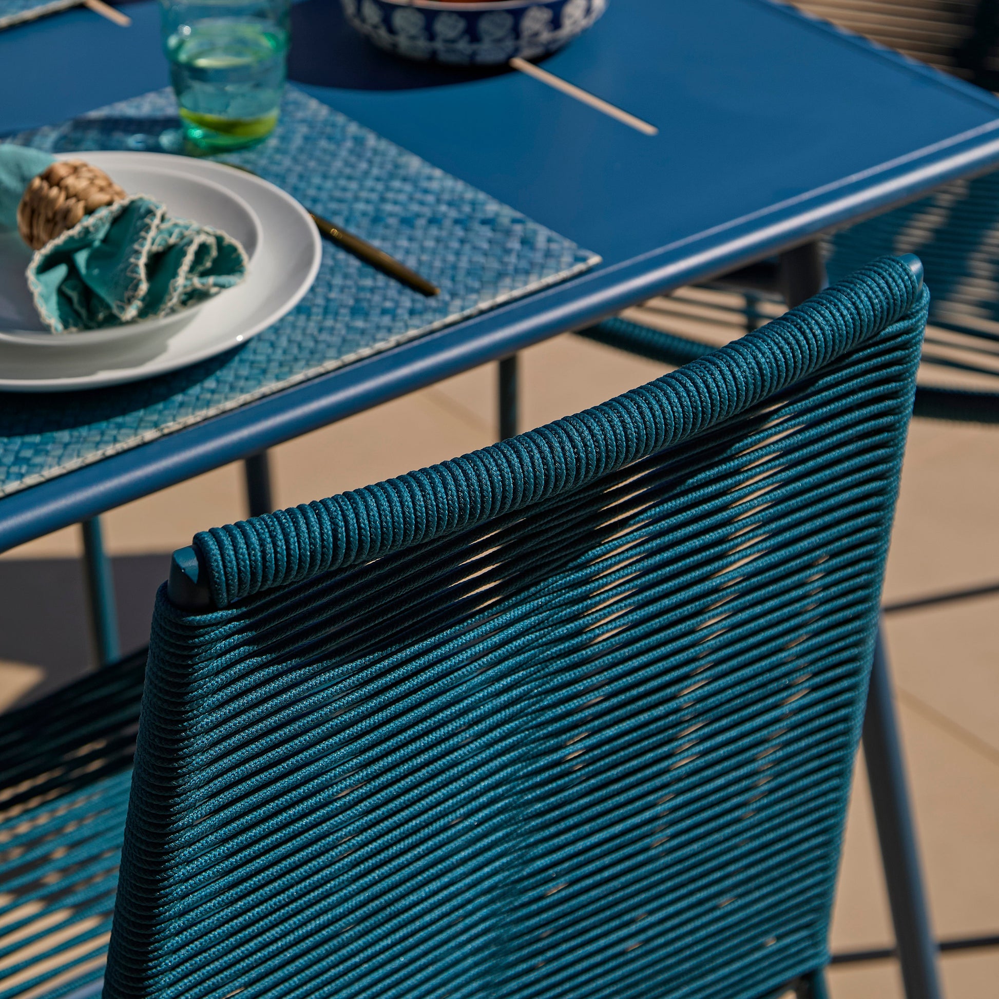 Wilder 6 Seater Blue Garden Dining Set with Ryder Teal Chairs - Laura James