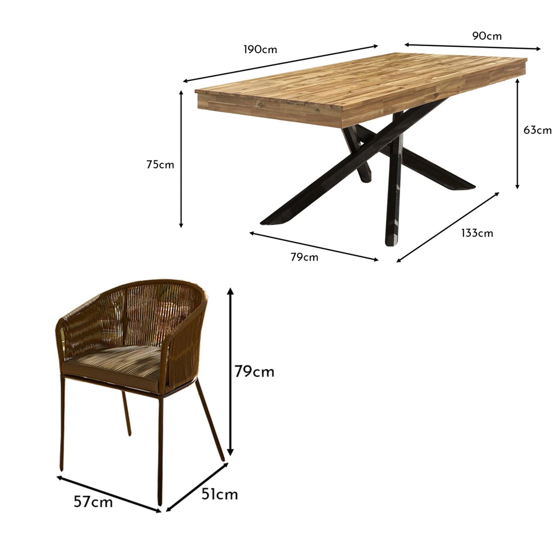 Amelia 6 Seater Natural Wood Black Legs Garden Dining Set - Hali Green Chairs