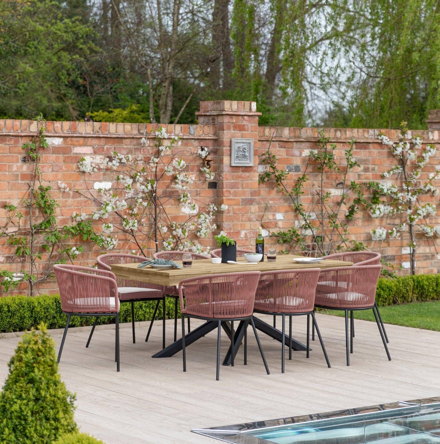 Amelia 8 Seater Natural Wood Black Legs Garden Dining Set - Hali Pink Chairs - Laura James 