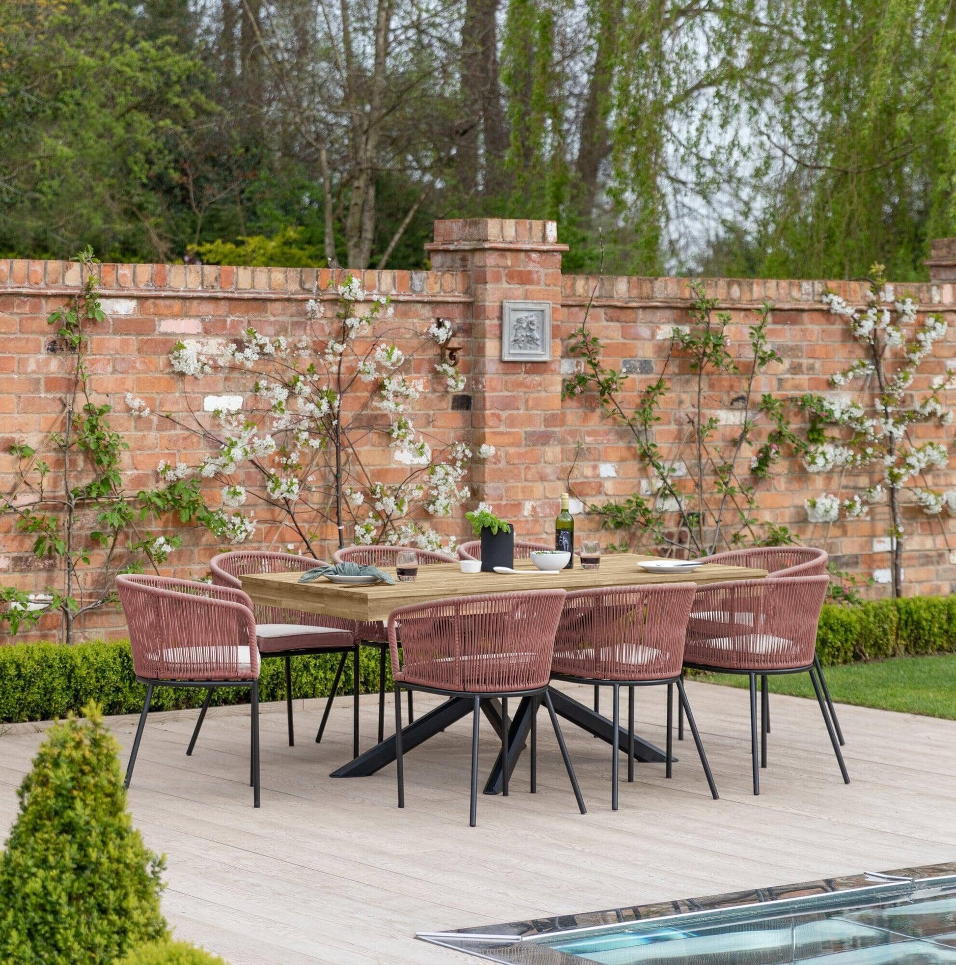 Amelia 8 Seater Natural Wood Black Legs Garden Dining Set - Hali Pink Chairs - Laura James 