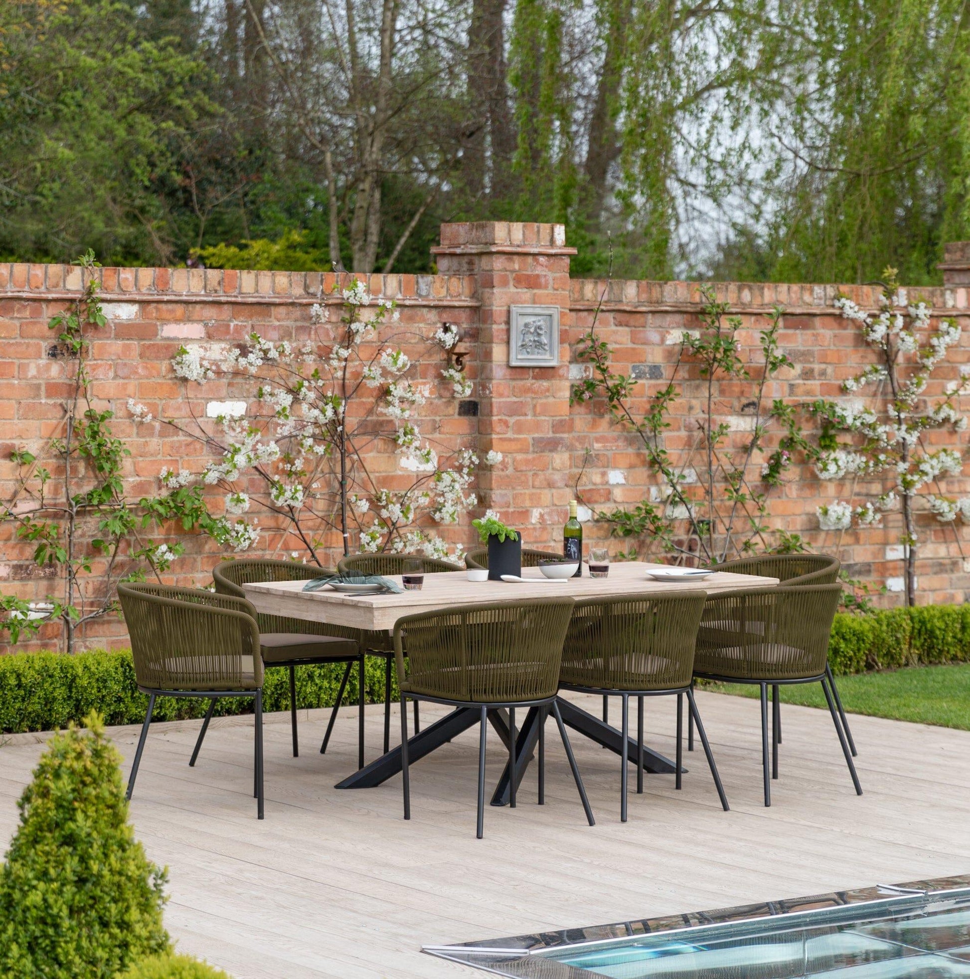 Amelia 8 Seater Whitewash Wood Black Legs Garden Dining Set - Hali Green Chairs - Laura James