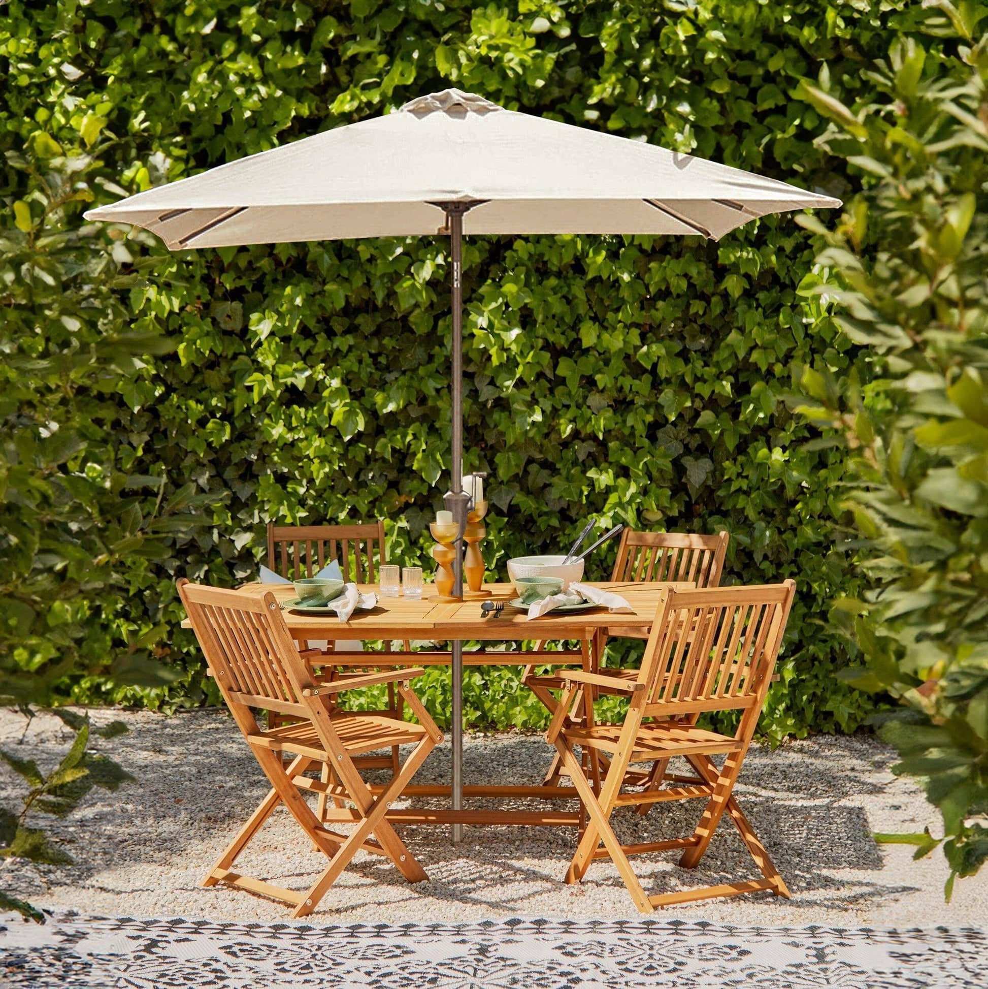 Ashby Outdoor 4 Seater Wooden Rectanglar Armchair Dining Set with Cream Parasol - 120cm - Laura James