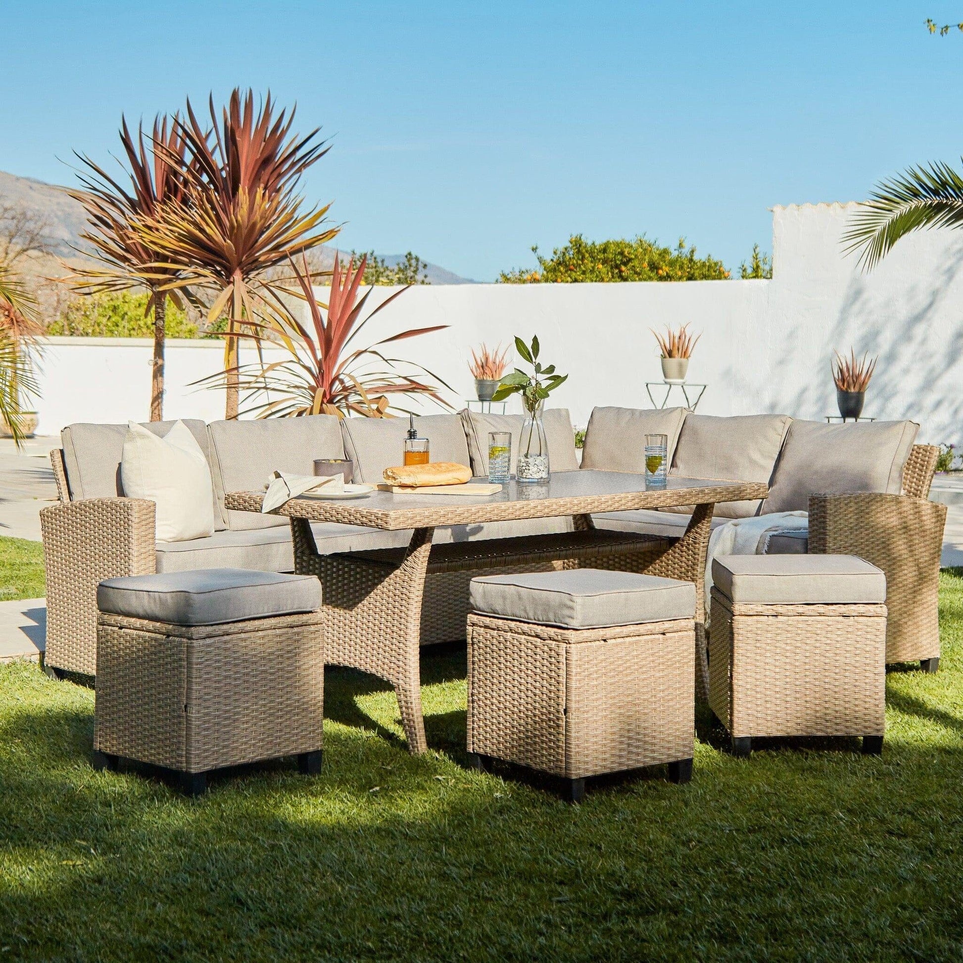 Aston Rattan Corner Sofa Set - 9 Seater - Natural Brown - Glass Table Top - Laura James 