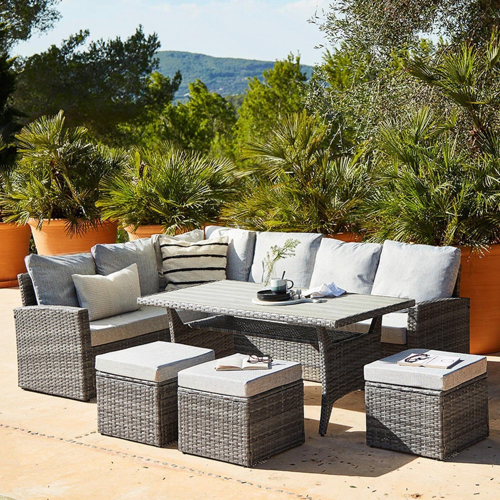 Aston Rattan Corner Sofa Set Polywood Top - 9 Seater - Grey - Laura James
