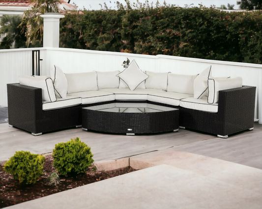 Florida 6 Piece Angled Rattan Garden Corner Sofa Set in Black and Vanilla