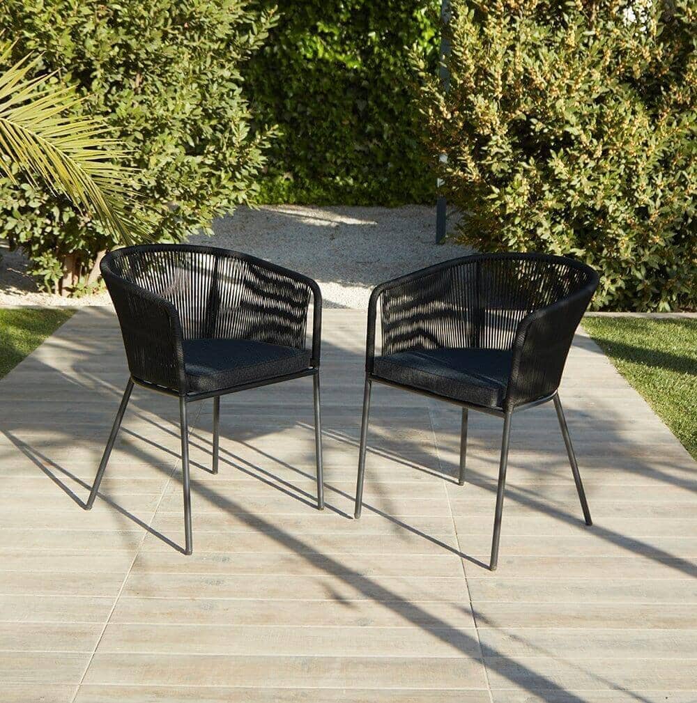 Amelia 6 Seater Wooden Garden Dining Set with 6 Hali Black Chairs - Light Brushed Acacia