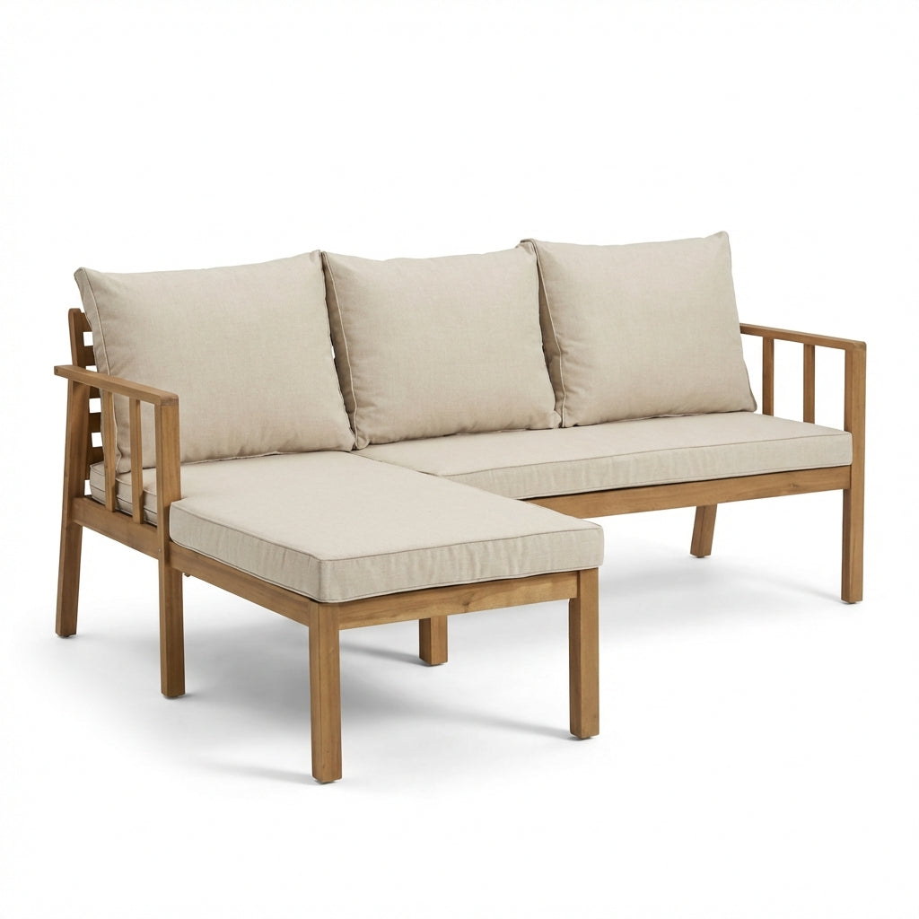 Harrelson 3 Seater Wooden Garden Chaise Corner Set - Natural Acacia and Sand - Laura James