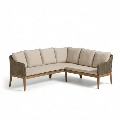 Harlyn 6 Seater Wooden Garden Dining Set with Corner Sofa & 2 Harlyn Dining Armchairs - Laura James