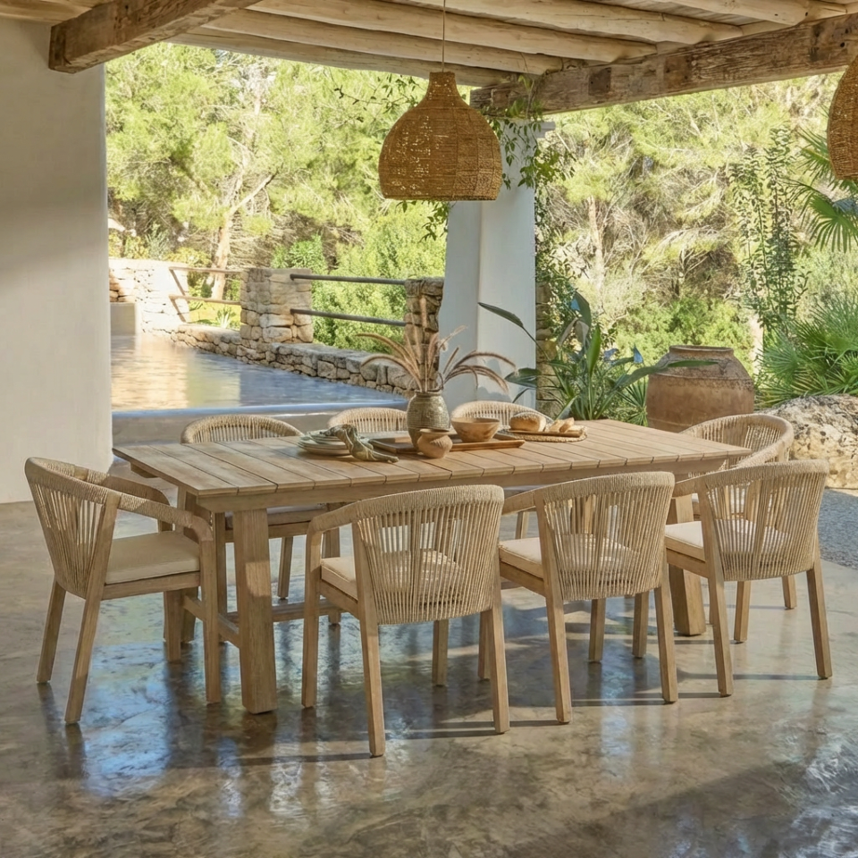 Shiro 8 Seater Garden Dining Set with Shiro Rope Dining Chairs - Beige Rope