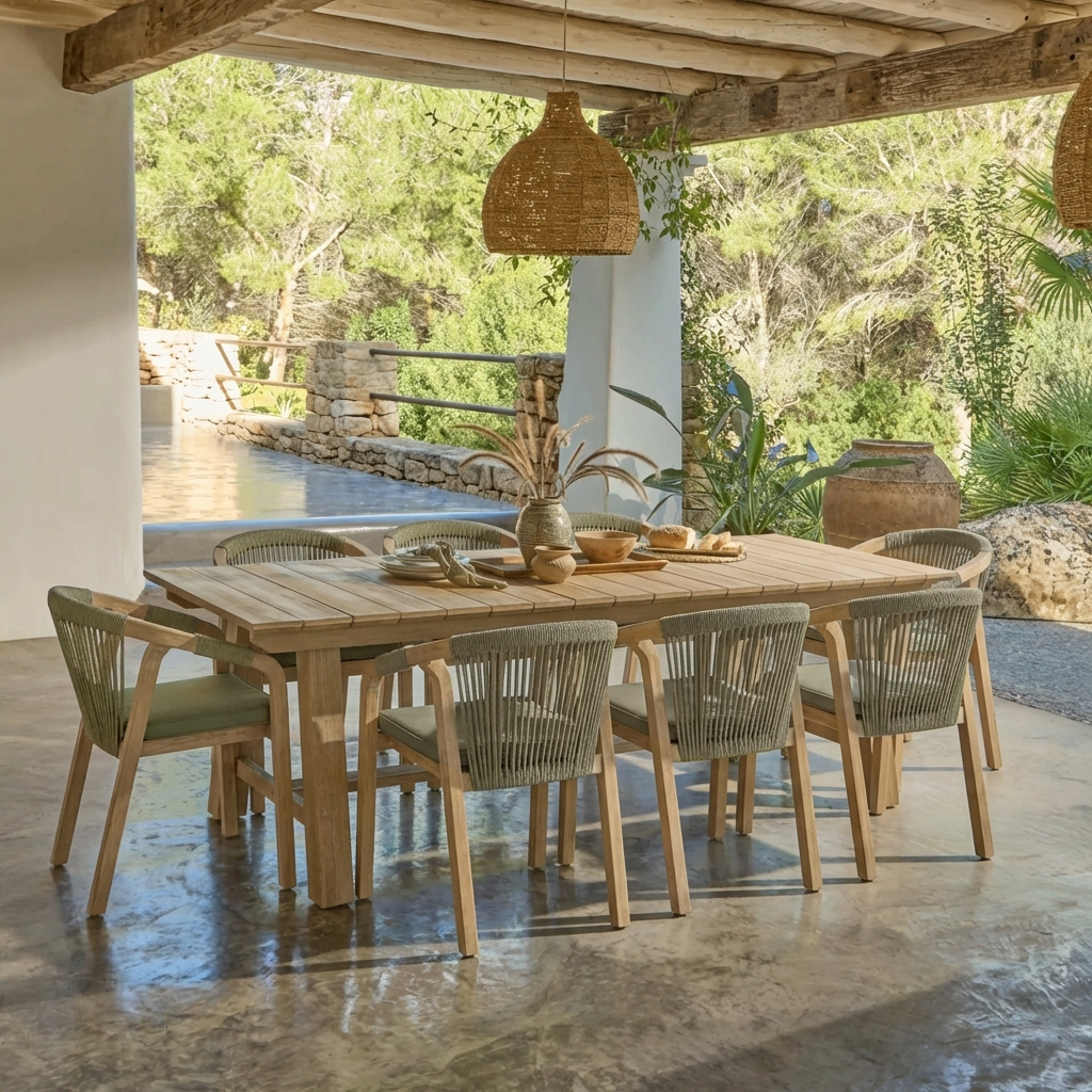 Shiro 8 Seater Garden Dining Set with Shiro Rope Dining Chairs - Mottled Green Rope - Laura James