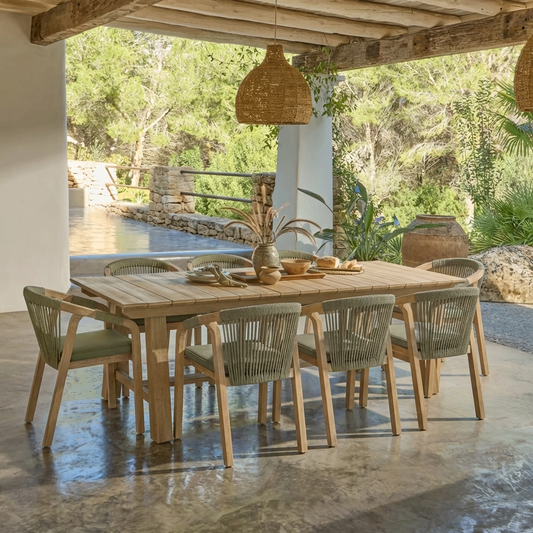 Shiro 8 Seater Garden Dining Set with Shiro Rope Dining Chairs - Mottled Green Rope - Laura James