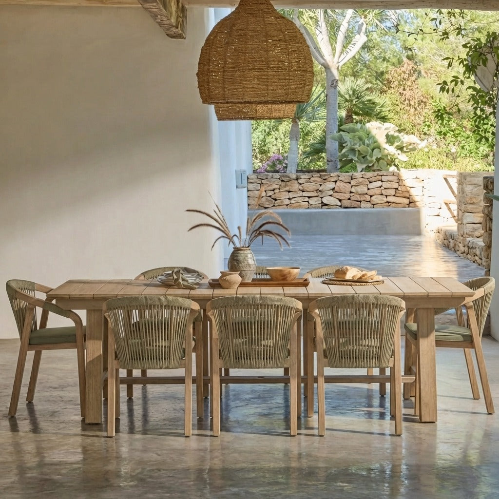 Shiro 8 Seater Garden Dining Set with Shiro Rope Dining Chairs - Mottled Green Rope - Laura James