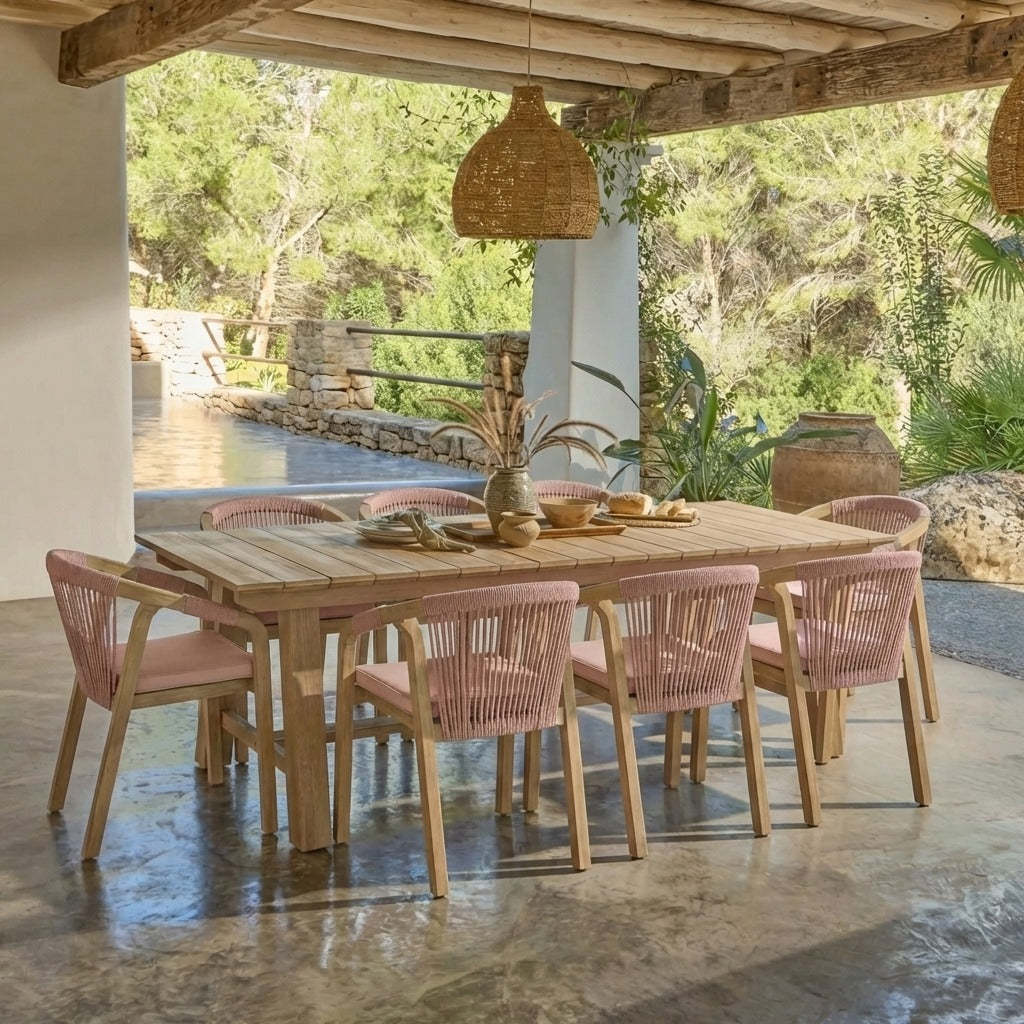 Shiro 8 Seater Garden Dining Set with Shiro Rope Dining Chairs - Mottled Pink Rope