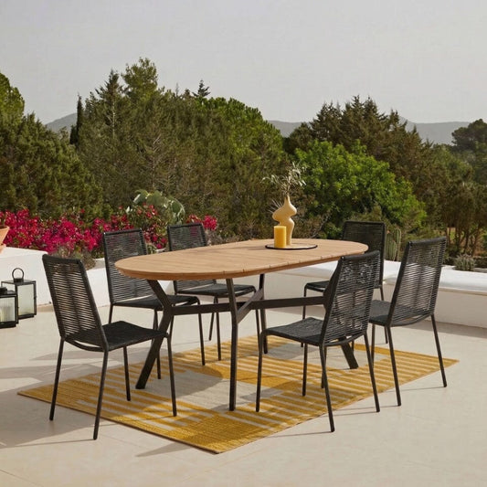 Ezra Oval Wooden Garden Table - White Acacia with Black Metal Legs - Laura James 