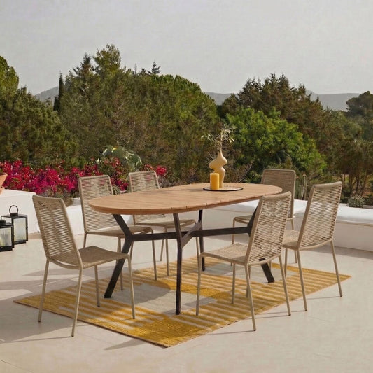 Ezra 6 Seater Oval Wooden Garden Dining Set with Ryder Burnt Orange Chairs - Laura James