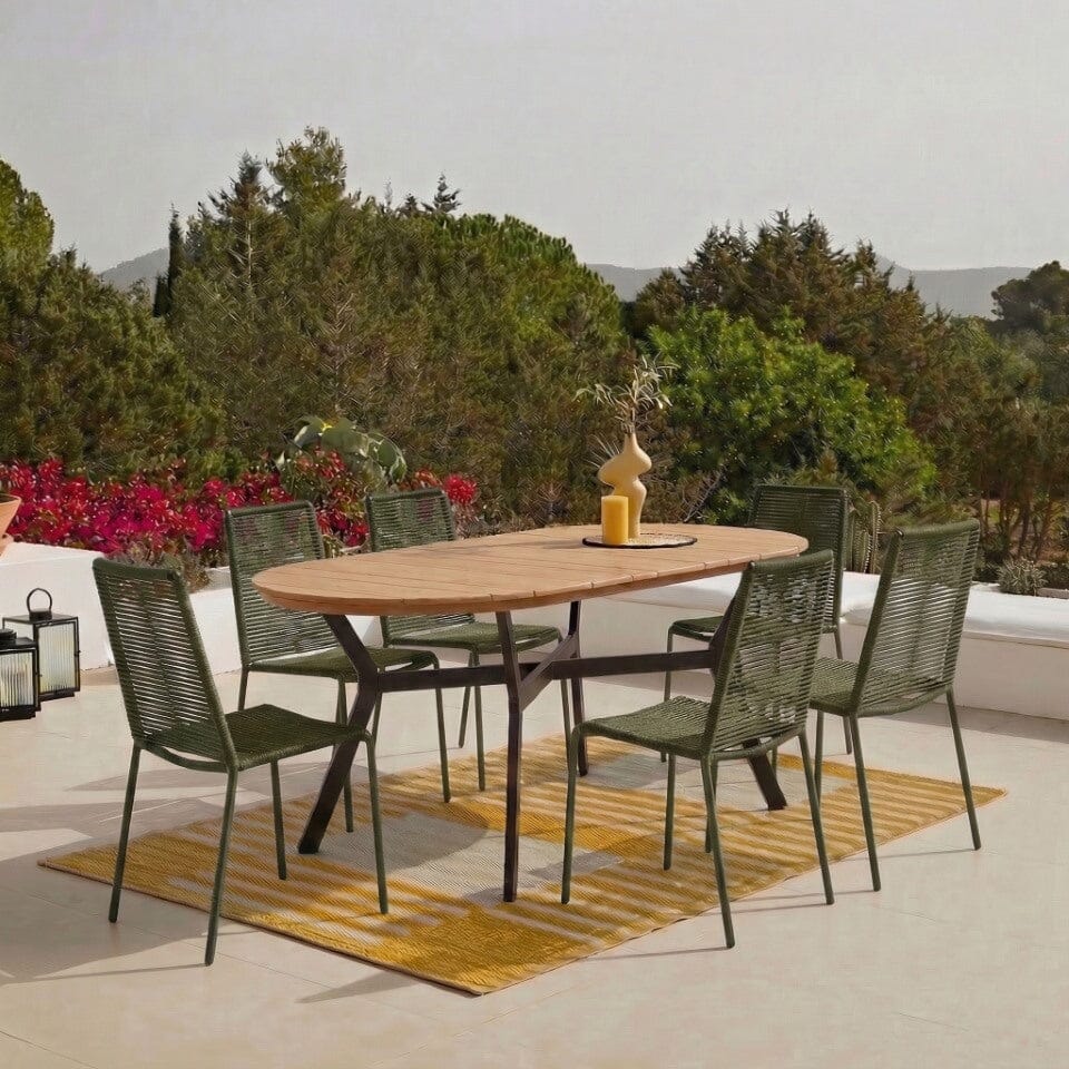 Ezra 6 Seater Oval Wooden Garden Dining Set with 6 Hali Black Rope Chairs - Laura James 