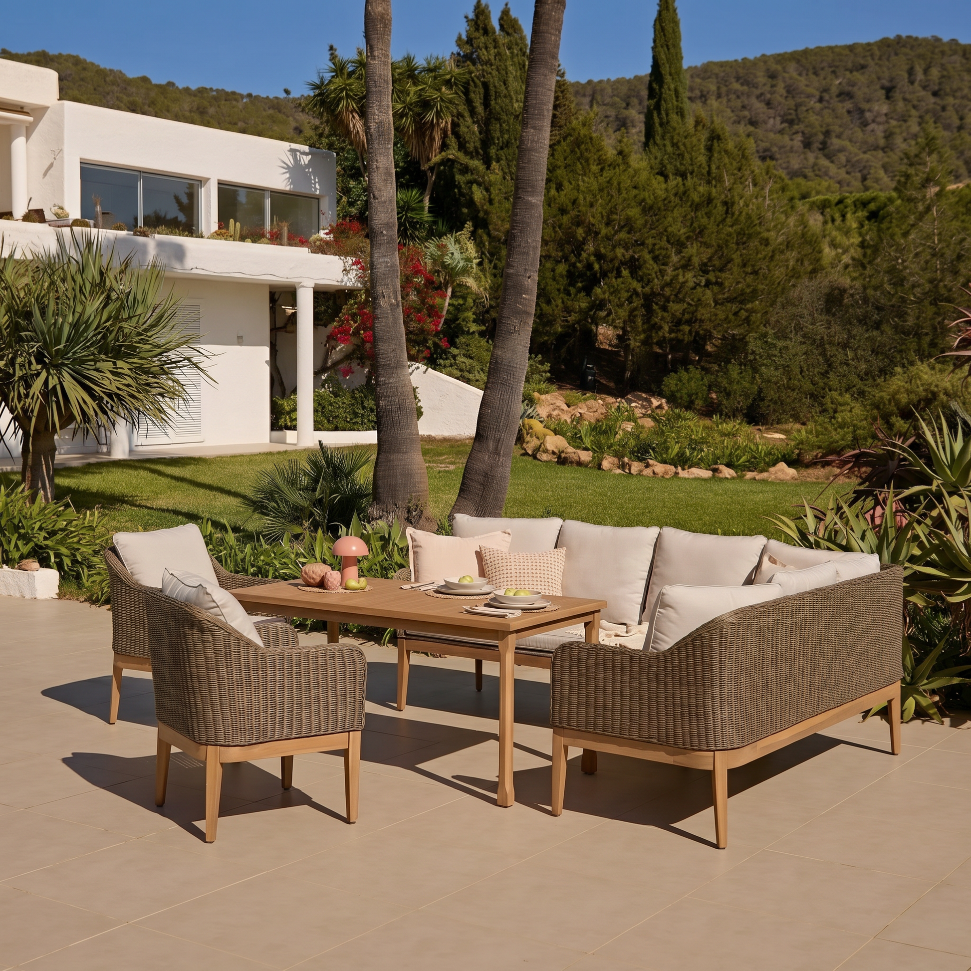 Harlyn 7 Seater Wooden Garden Dining Set with Corner Sofa & 2 Harlyn Dining Armchairs - Laura James