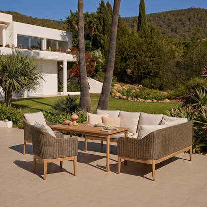Harlyn 7 Seater Wooden Garden Dining Set with Corner Sofa & 2 Harlyn Dining Armchairs - Laura James