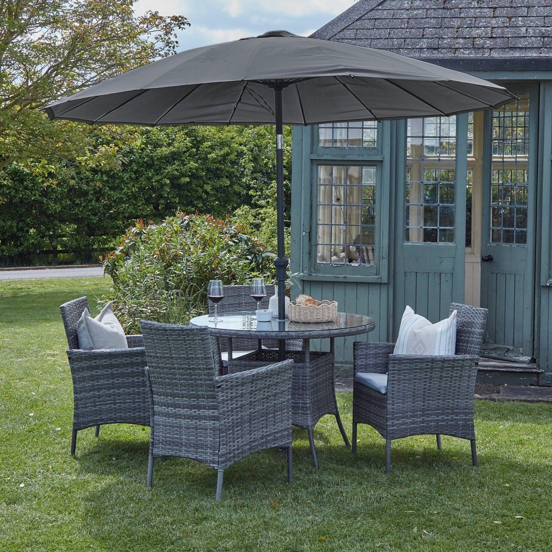 Kemble 4 Seater Rattan Round Dining Set in Grey with Parasol - Laura James