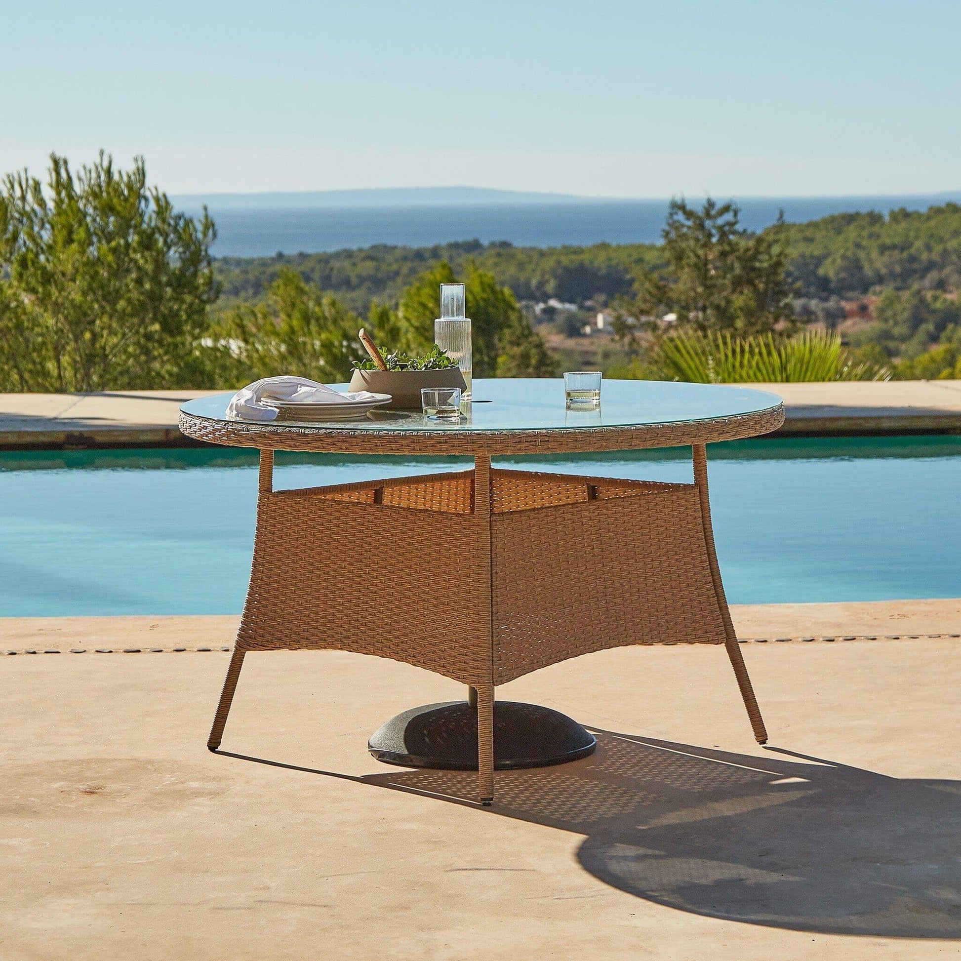 Kemble 6 Seater Rattan Round Outdoor Dining Table Set - Natural Brown - Rattan Garden Furniture - Laura James