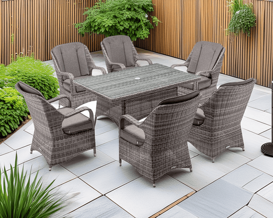 Marseille 6 Rattan Garden Dining Chairs and Rectangular Table in Grey