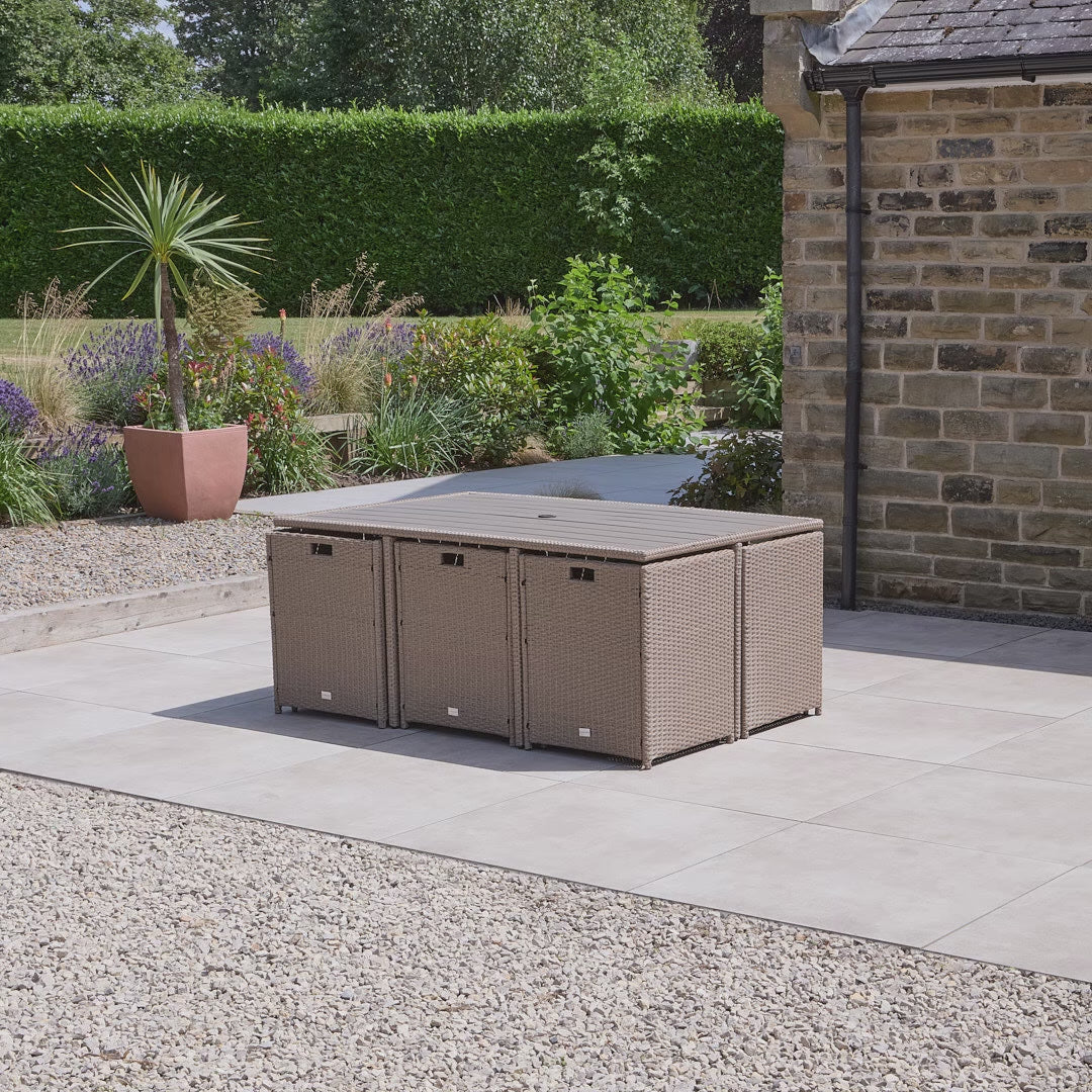 10 Seater-Rattan_Cube_Outdoor_Dining_Set_Brown_Weave_Polywood_Top- Laura James