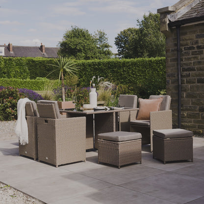 8_Seater_Rattan_Cube_Outdoor_Dining_Set_Brown_Weave_Glass_Top - Laura James
