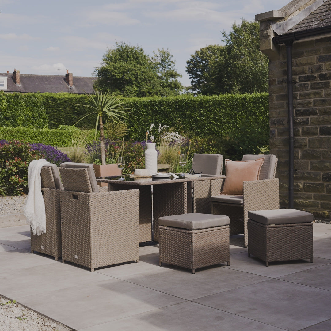 8_Seater_Rattan_Cube_Outdoor_Dining_Set_Brown_Weave_Glass_Top - Laura James
