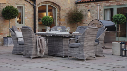 Marseille 6 Rattan Garden Chairs and Rectangular Fire Pit Dining Table in Grey