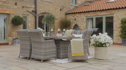 Riviera 6 Rattan Garden Chairs and Rectangular Fire Pit Dining Table in Grey