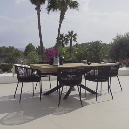 Amelia 6 Seater Wooden Garden Dining Set with 6 Hali Black Chairs - Light Brushed Acacia with Black Legs