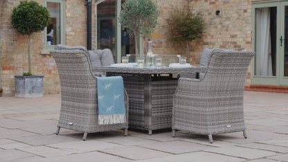 Riviera 4 Rattan Garden Chairs and Square Fire Pit Dining Table in Grey