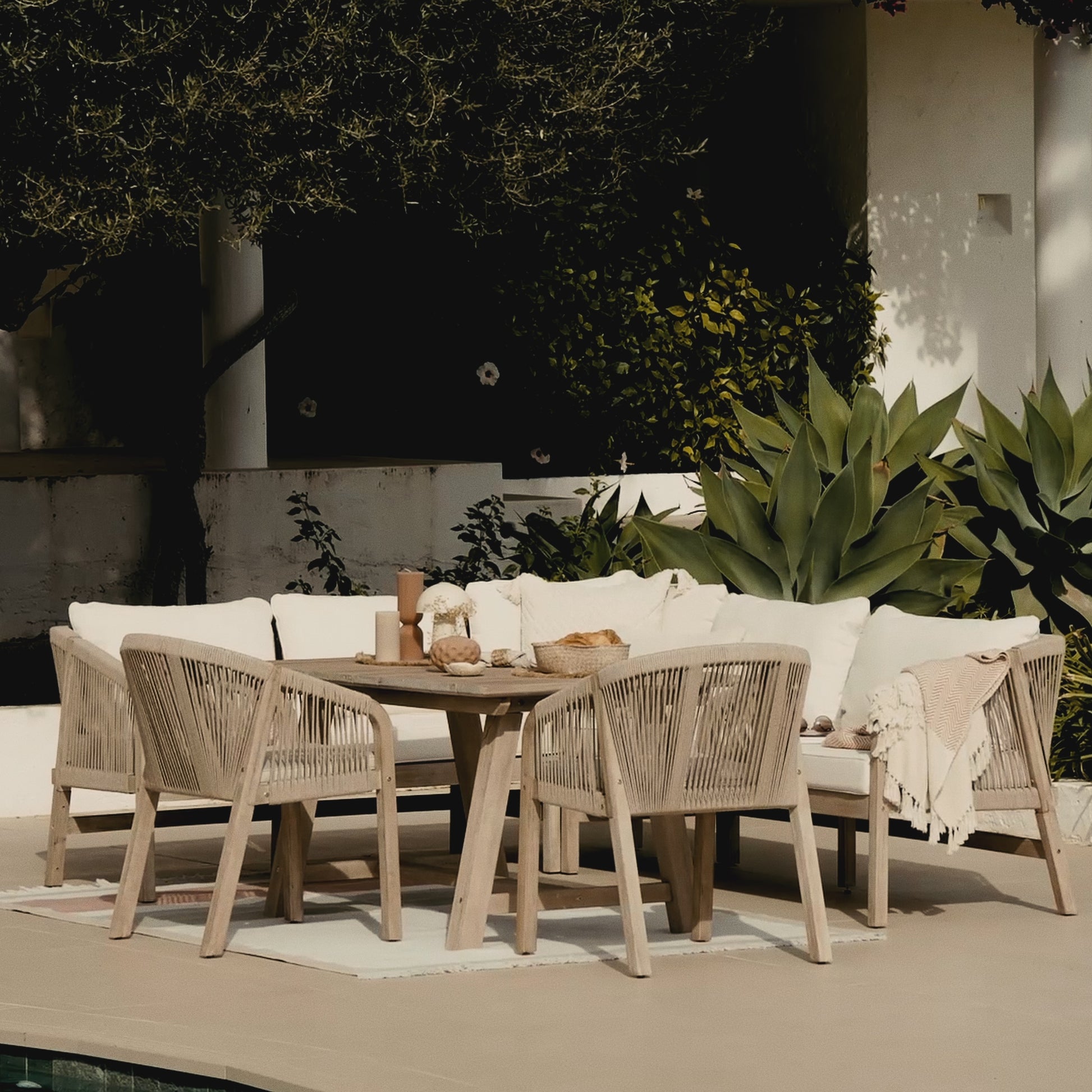 Shiro Rope Wooden Corner Sofa with Nala Dining Chairs - Laura James 
