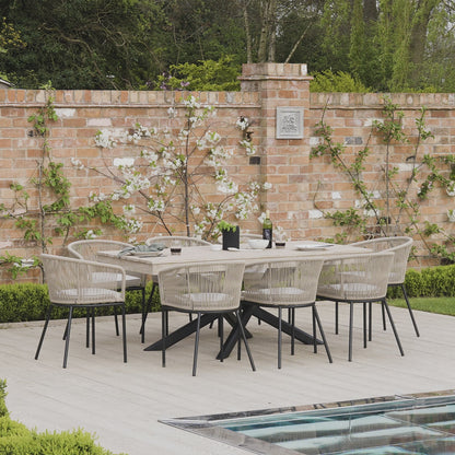Amelia 8 Seater Wooden Garden Dining Set with 8 Hali Black Chairs - Light Brushed Acacia with Black Legs