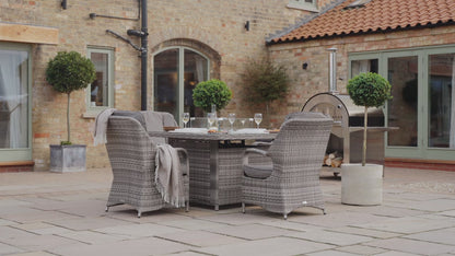 Marseille 4 Rattan Garden Chairs and Square Fire Pit Dining Table in Grey