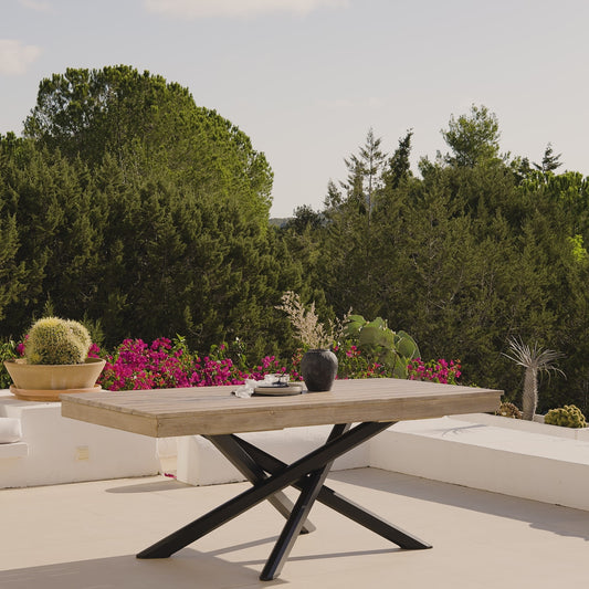 Amelia Outdoor Dining Table in White Brushed Acacia Wood with Black Metal Legs - Laura James 
