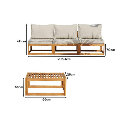 Rowan 3 Seater Wooden Garden Armless Sofa and Coffee Table Set - Natural - Laura James