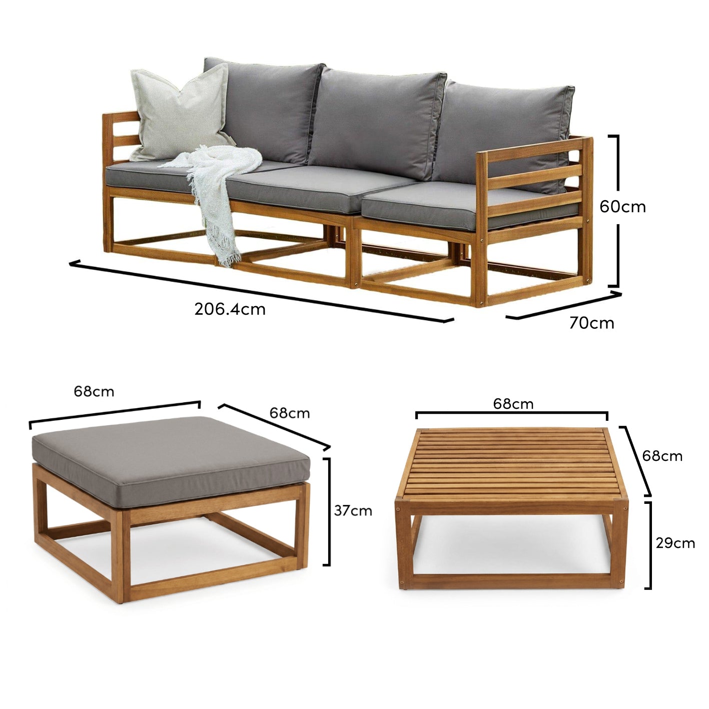 Rowan Grey 3 Seater Chaise Wooden Sofa Set with Coffee Table - Rattan Direct 
