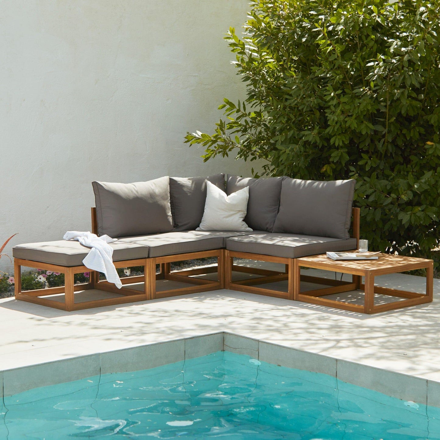 Rowan 4 Seater Wooden Garden Chaise Corner Sofa Set - Grey - Laura James