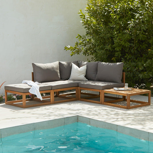 Rowan 4 Seater Wooden Garden Chaise Corner Sofa Set - Grey - Laura James