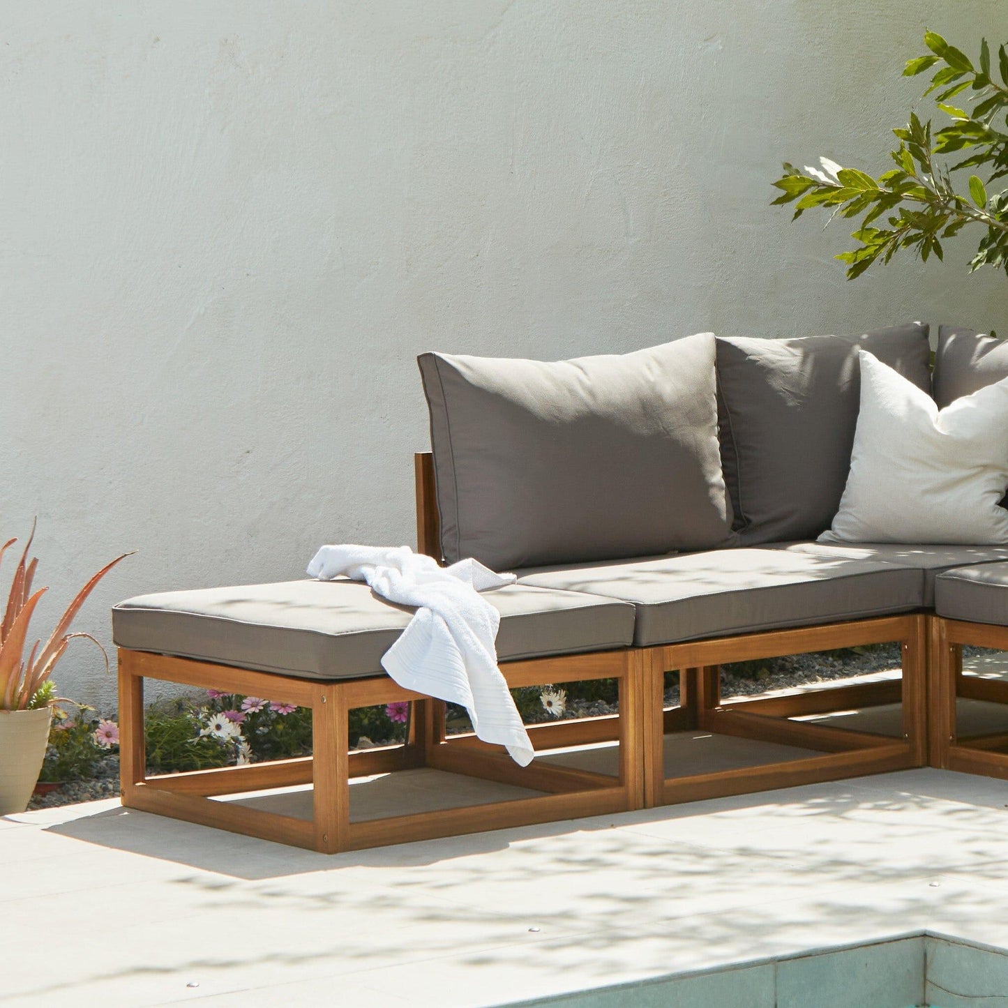 Rowan 4 Seater Wooden Garden Chaise Corner Sofa Set - Grey - Laura James