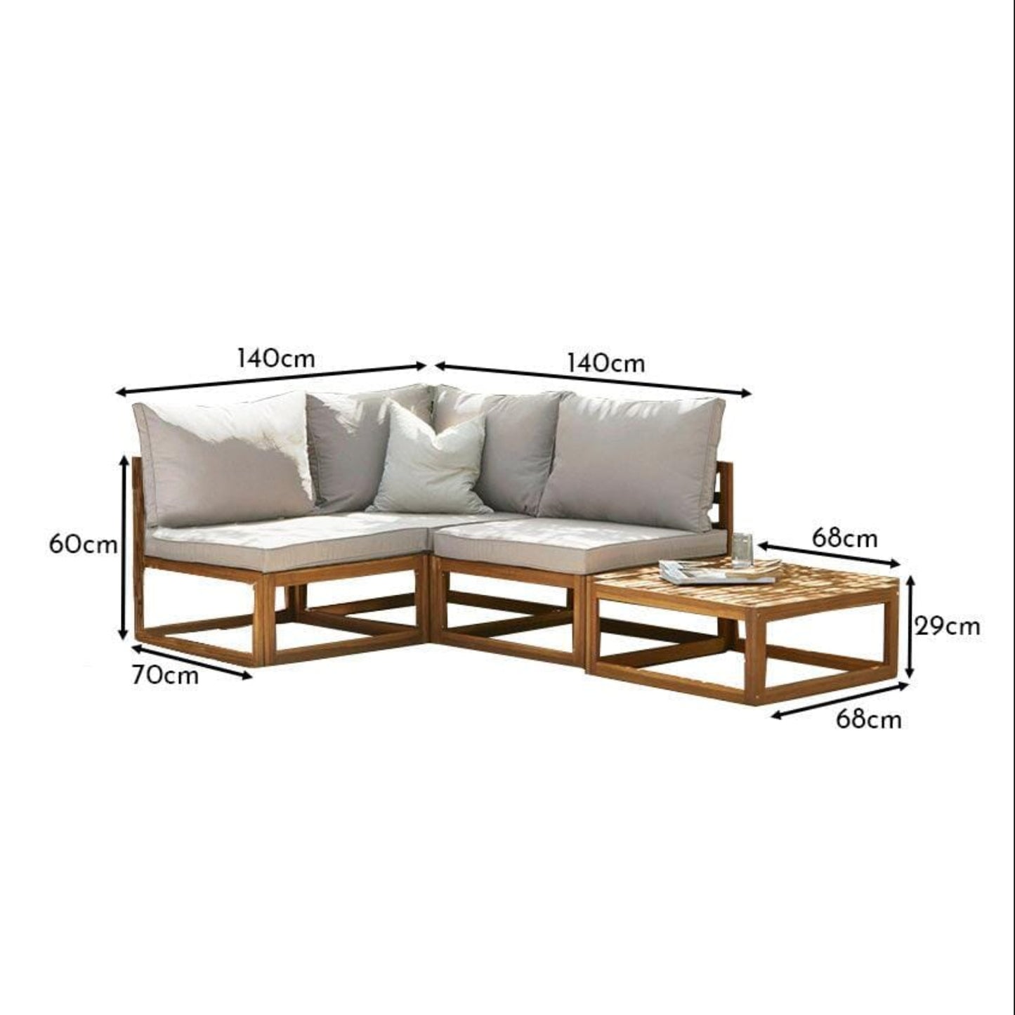 Rowan 4 Seater Wooden Garden Corner Sofa with Coffee Table - Natural - Laura James
