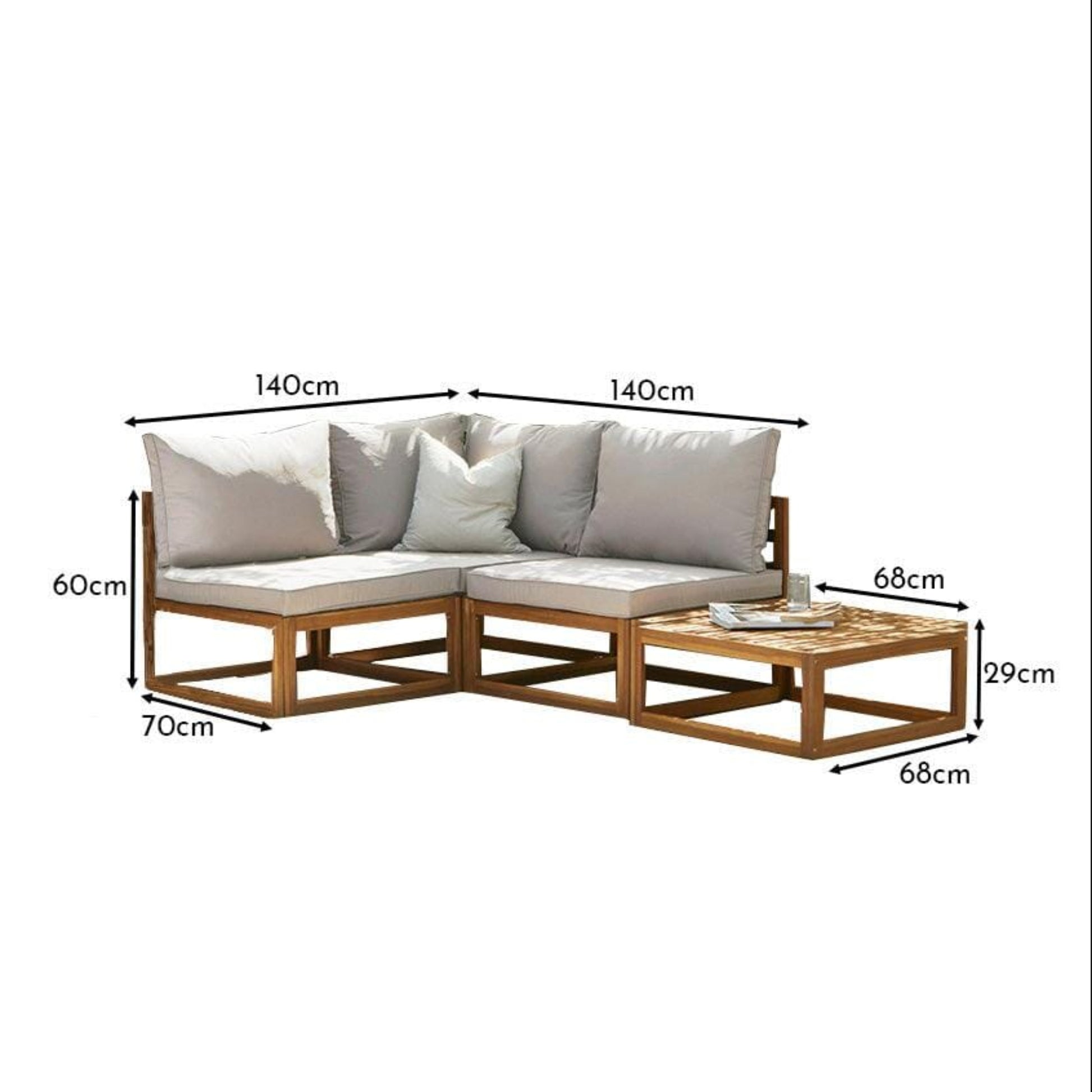 Rowan 4 Seater Wooden Garden Corner Sofa with Coffee Table - Natural - Laura James