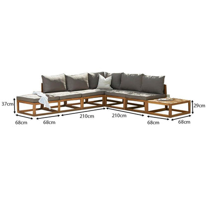 Rowan 6 Seater Wooden Garden Chaise Corner Sofa Set with Coffee Table - Grey - Laura James