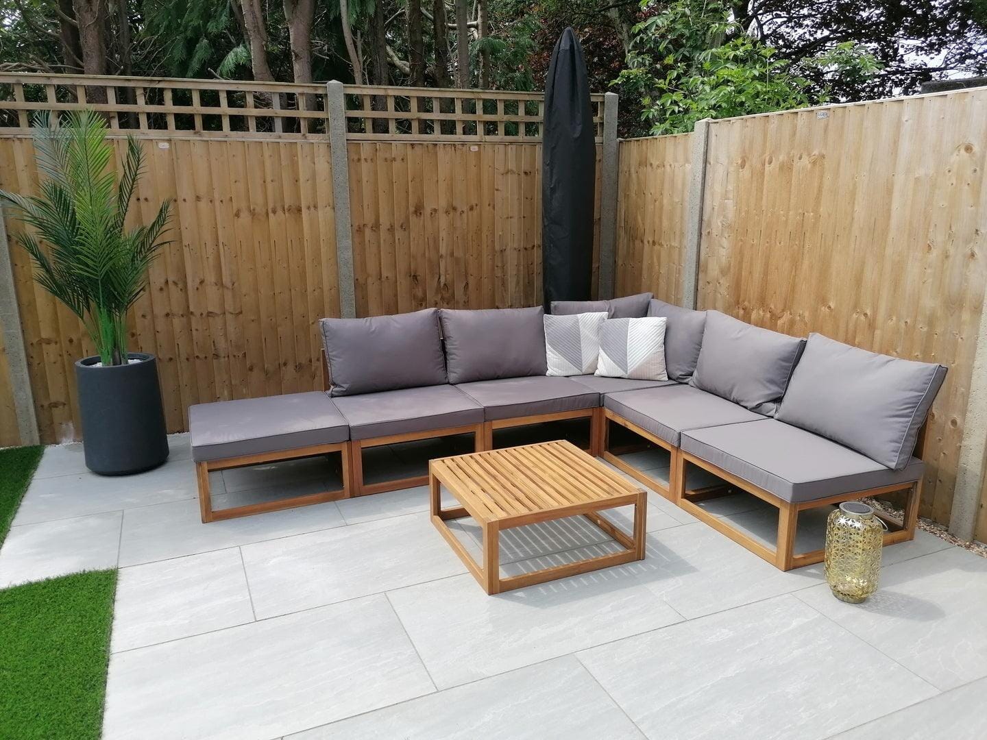 Rowan 6 Seater Wooden Garden Chaise Corner Sofa Set with Coffee Table - Grey - Laura James