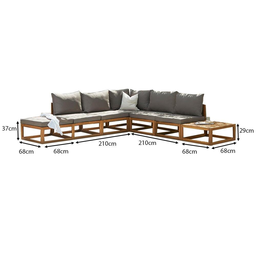Rowan 6 Seater Wooden Garden Chaise Corner Sofa Set with Coffee Table - Natural - Laura James